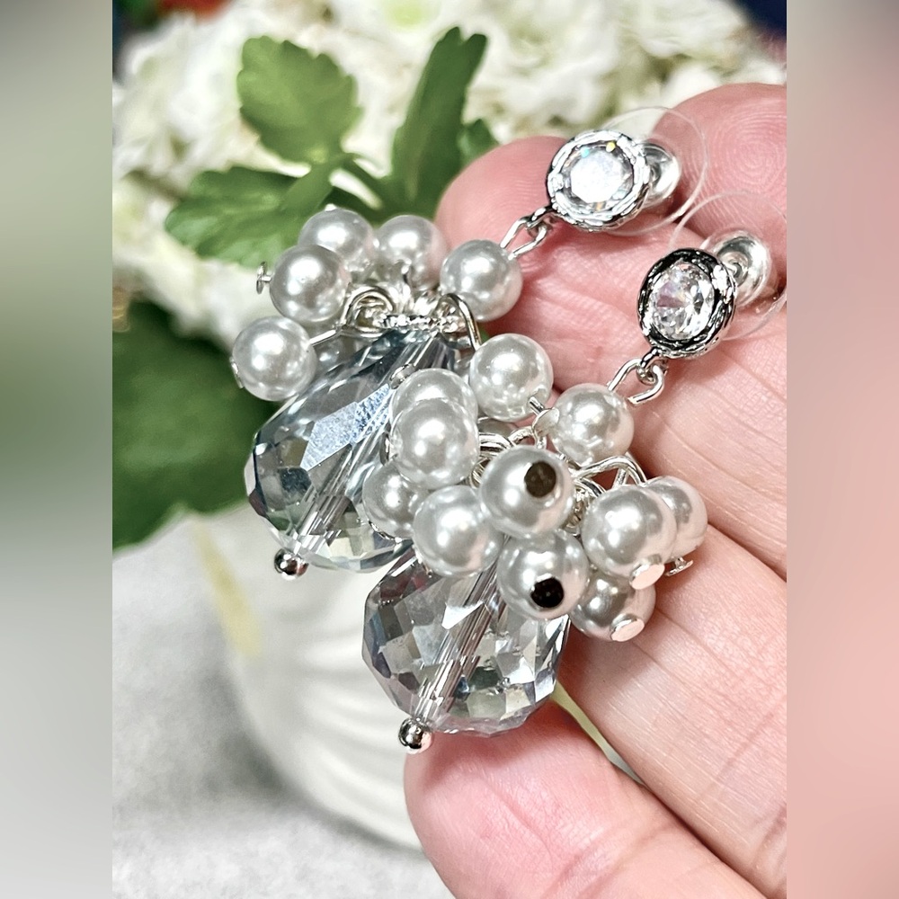 Artisan iced blue and gray Cluster Earrings with Pearls
